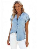 Blue Lapel Casual Short-sleeve Washed Denim Shirt