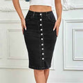 One-piece Front-button Stretch Denim Midi Skirt