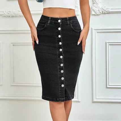 One-piece Front-button Stretch Denim Midi Skirt
