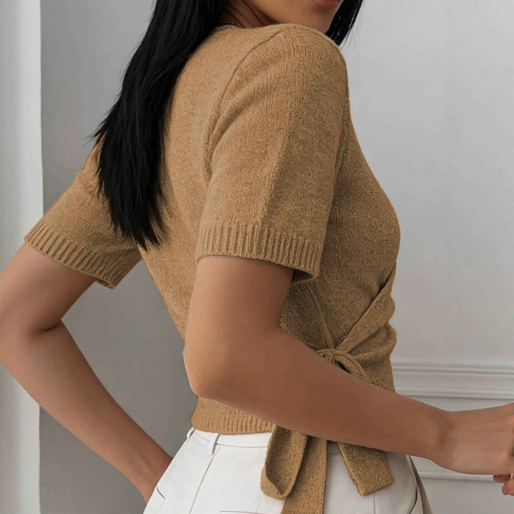 V-neck Knitted Short-sleeve Top With Tie Detail