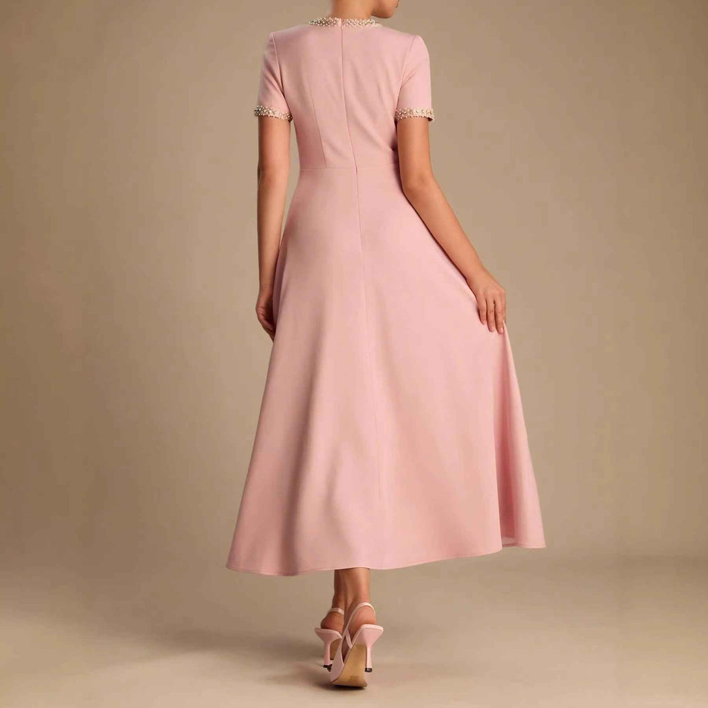 Rhinestone-Embellished A-Line Dress — High Waist, Elegant Office Wear
