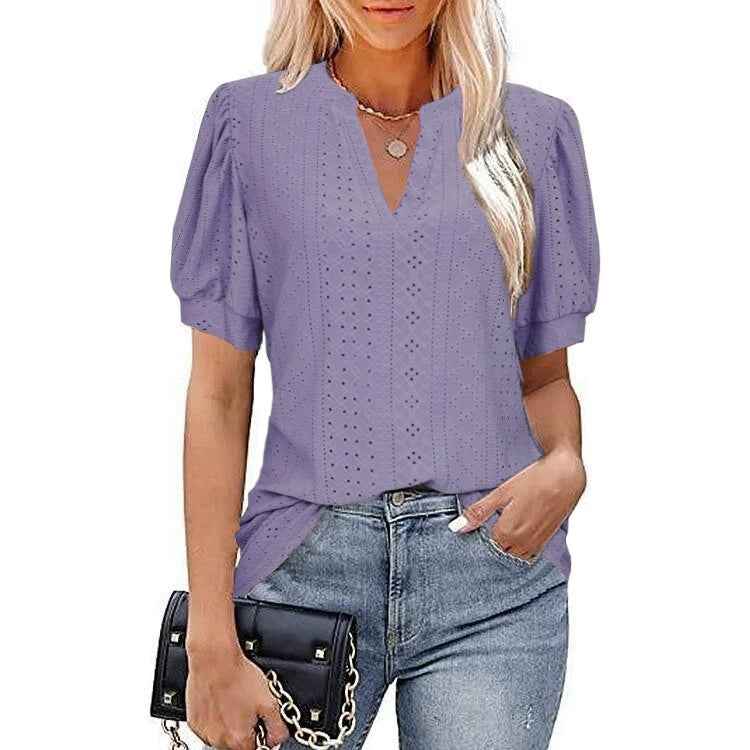 Women's Puff Sleeve V-Neck Top — Hollow-Out Loose Summer T-Shirt