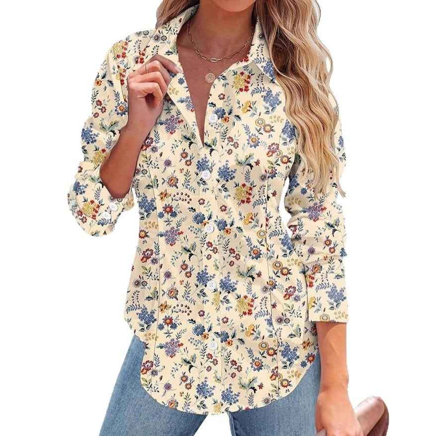 Embossed Print Notched-Collar Long-Sleeve Blouse