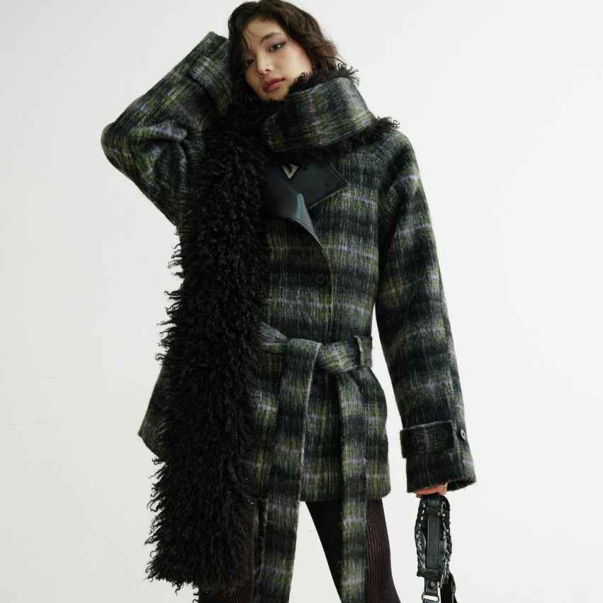 Fluffy Scarf-Collar Long Coat – Regular Fit, Green