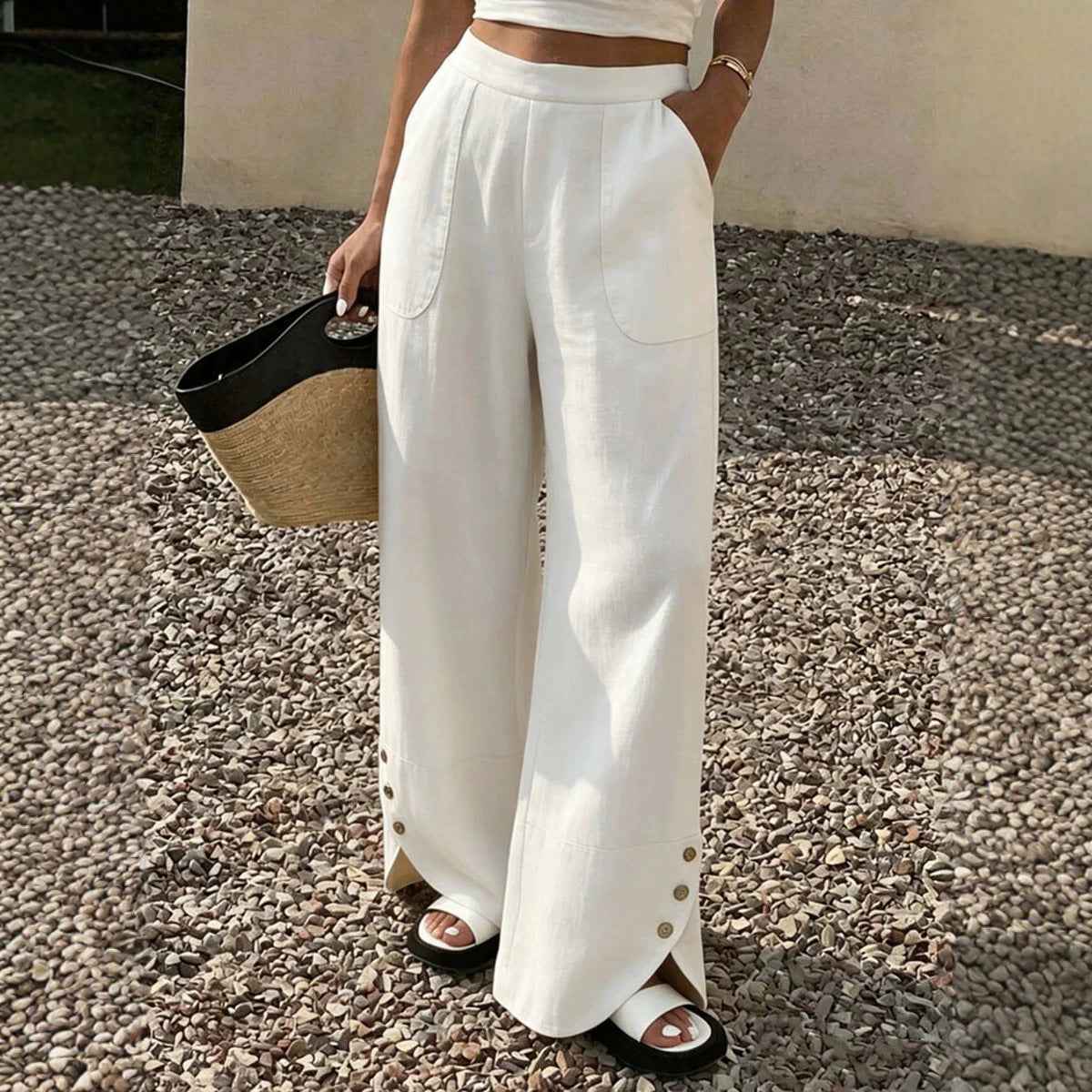 Womens Solid-color Loose-fit Straight-leg Casual Wide-leg Pants With Pockets