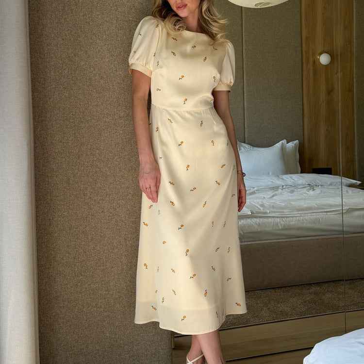 Cream Yellow Floral Print Satin Midi Dress