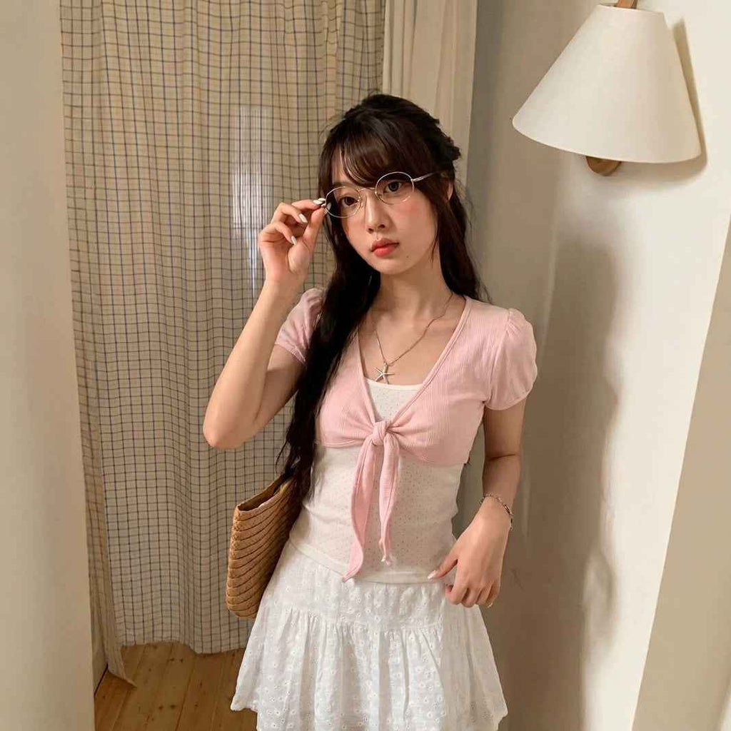 Polka Dot Mock Two-Piece Short-Sleeve Top