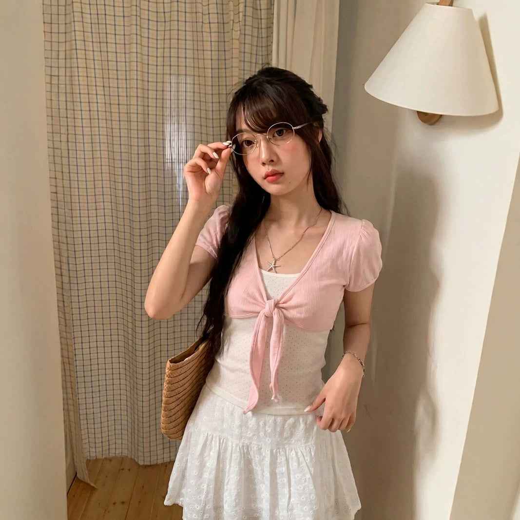 Polka Dot Mock Two-Piece Short-Sleeve Top