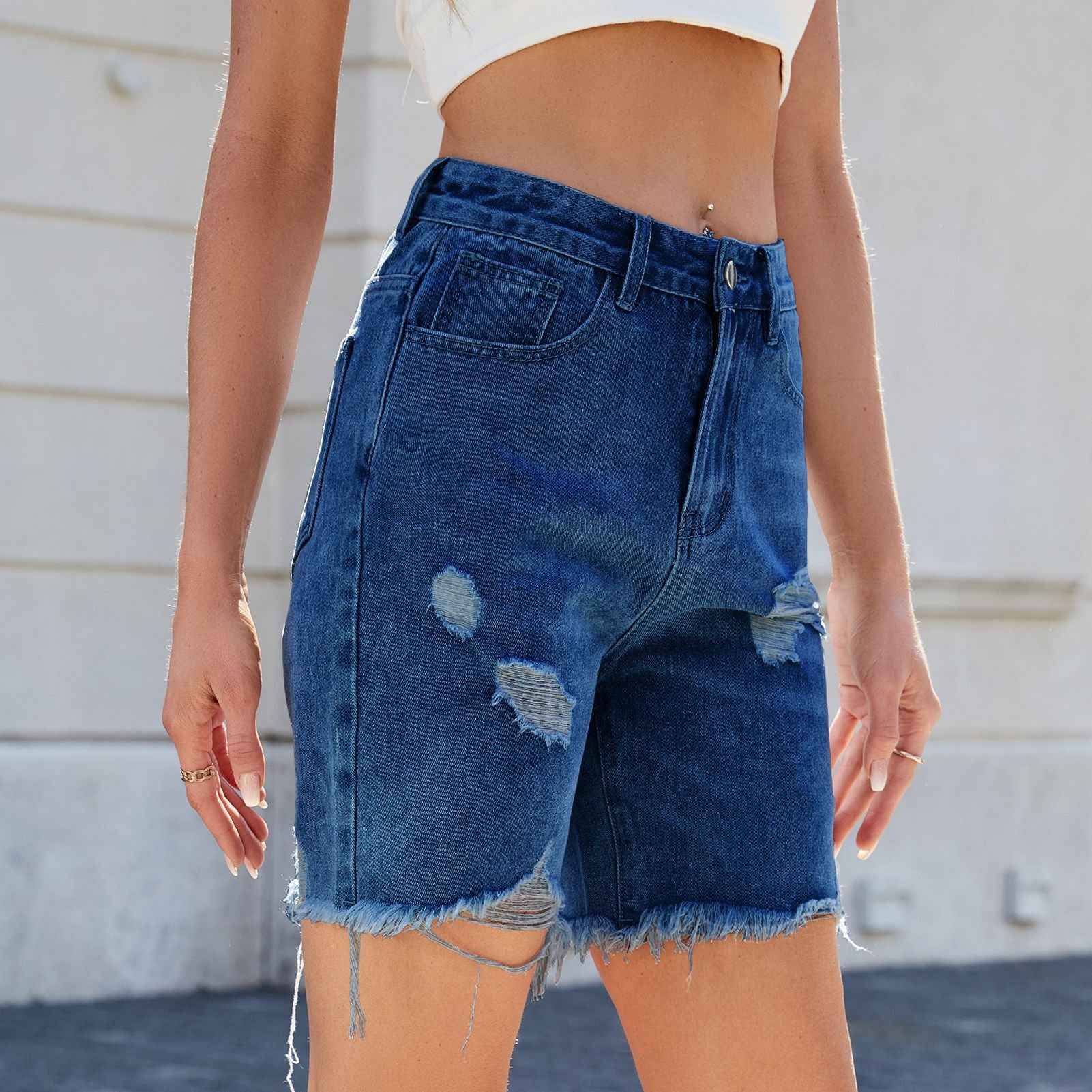 Washed Casual Ripped Denim Shorts Trendy Three-quarter Length