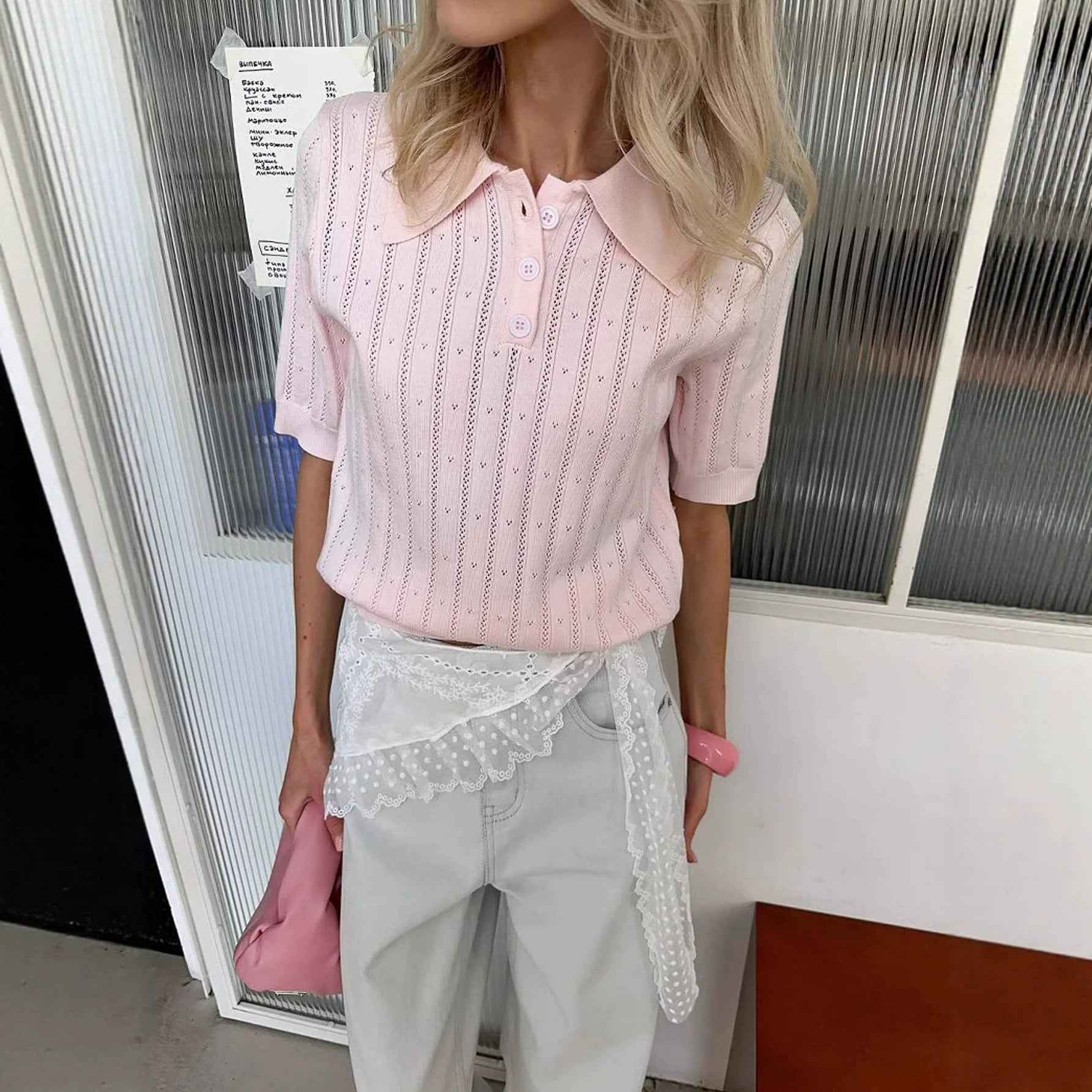 Womens Casual Polo Knit Short-sleeve Top