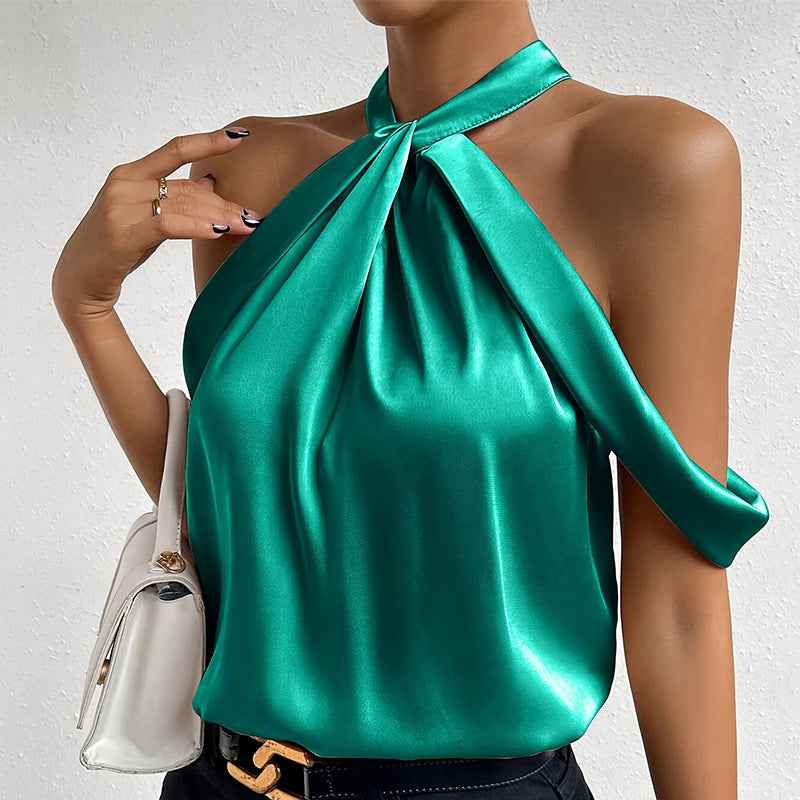 Backless Satin Halter Top — Sleeveless, Black & Emerald, S–XL