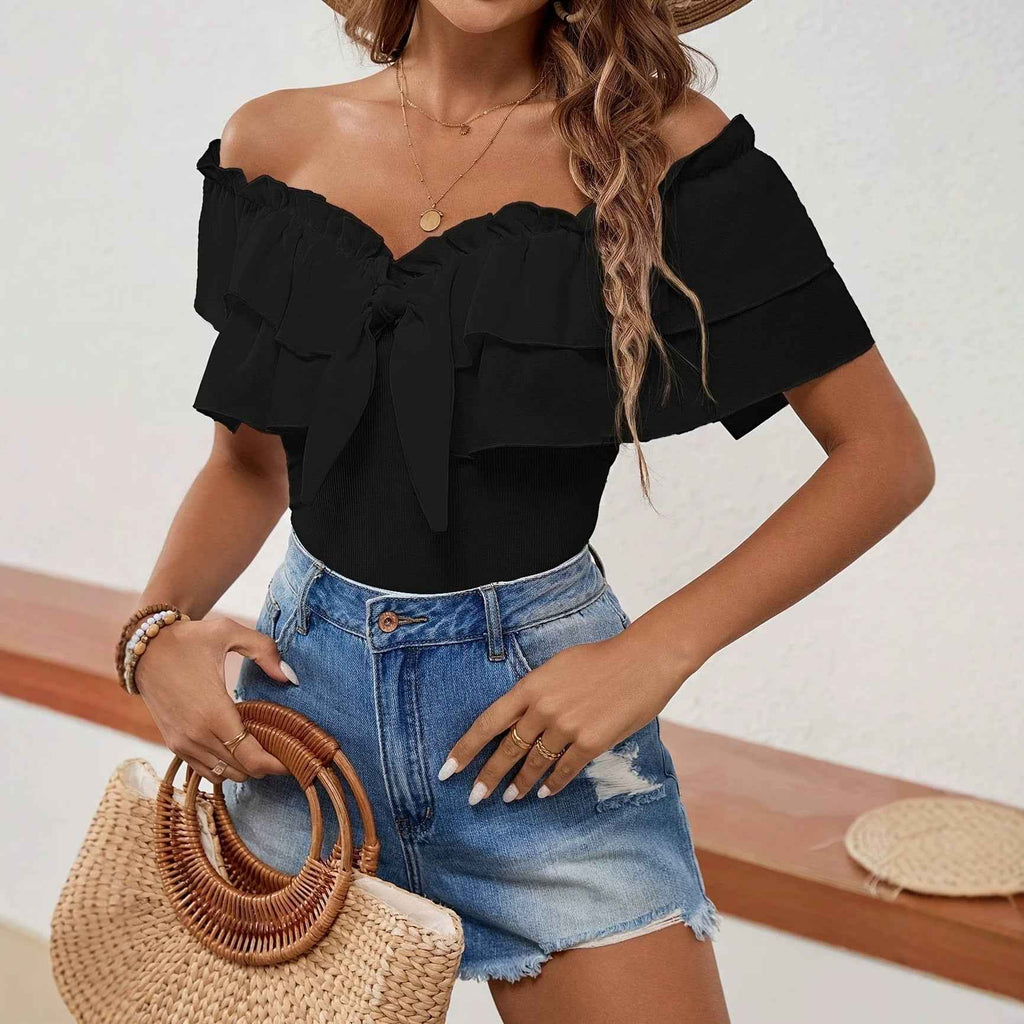 Off-Shoulder Ruffle Top — Tie Belt, Slim Fit Pullover