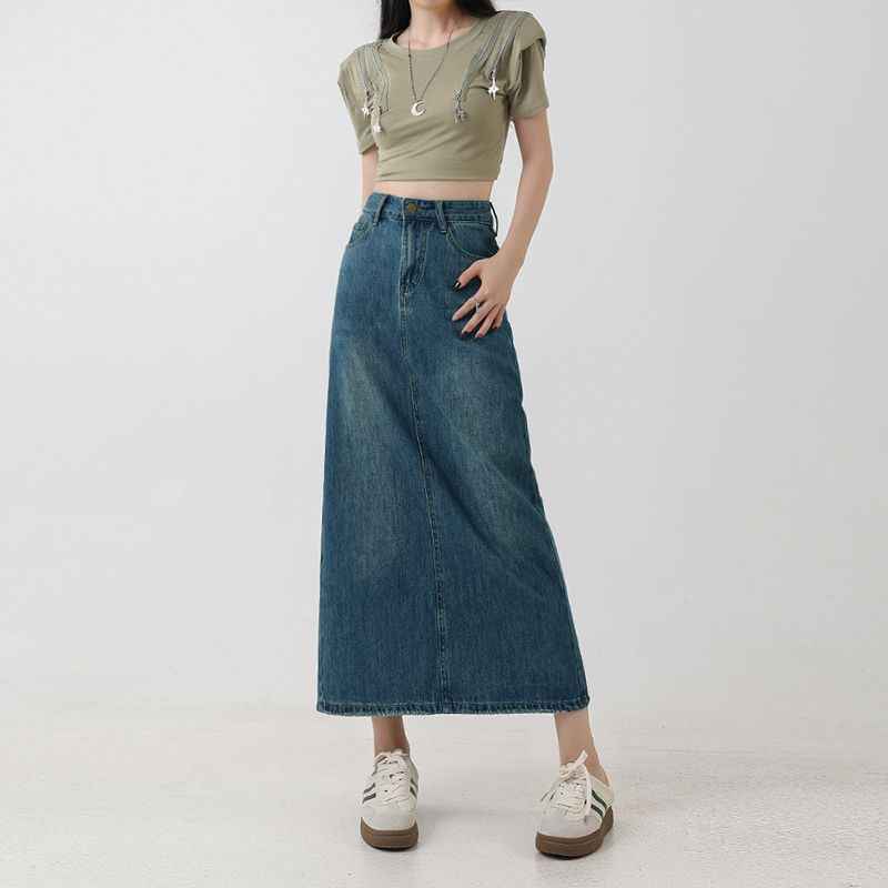 Women's High-Waisted A-Line Denim Midi Skirt