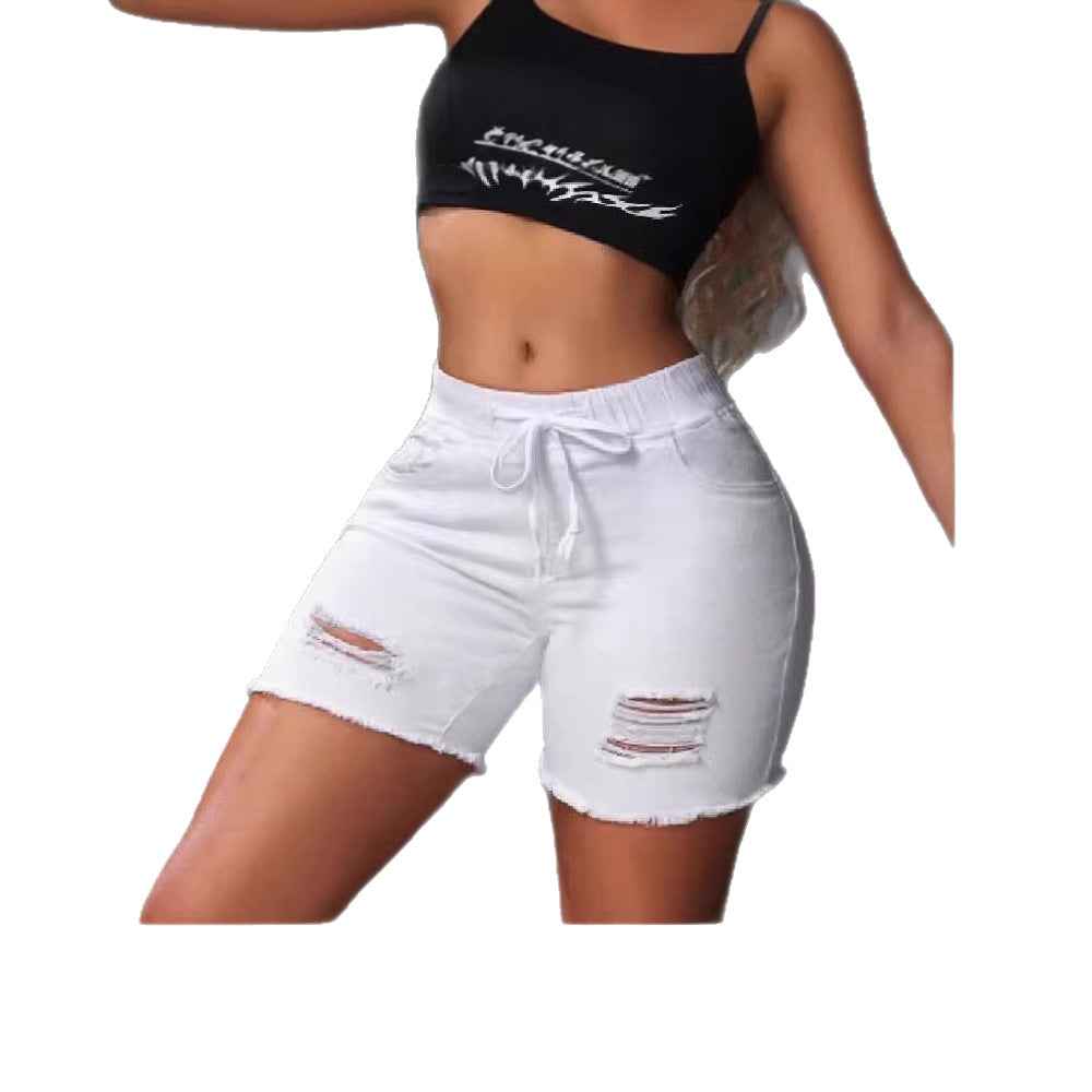 Mid-High Waist Ripped Denim Shorts — White & Black, S–XL