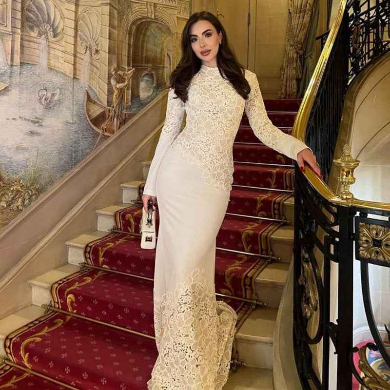 High-Waist Long-Sleeve Lace Embroidered Patchwork Bodycon Formal Maxi Gown