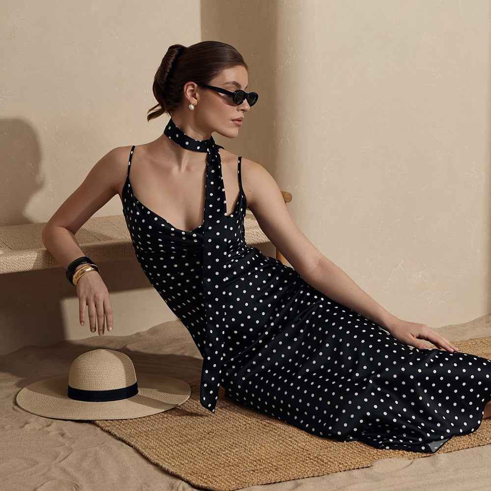 Polka Dot Mermaid Maxi Dress – Strapless with Ribbon Detail