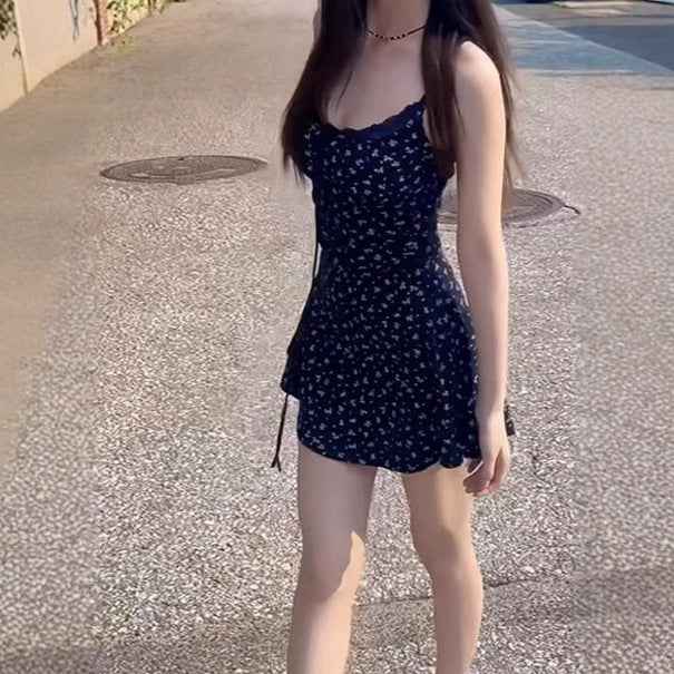 Floral Print Sleeveless High-Waist A-Line Mini Dress with Tie Detail