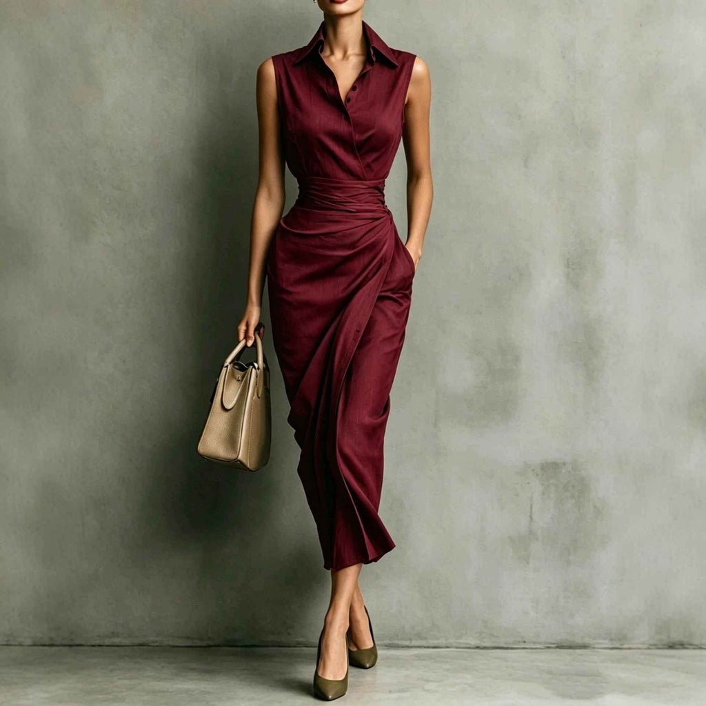 Asymmetrical Sleeveless Linen-Blend Midi Dress — High-Waist
