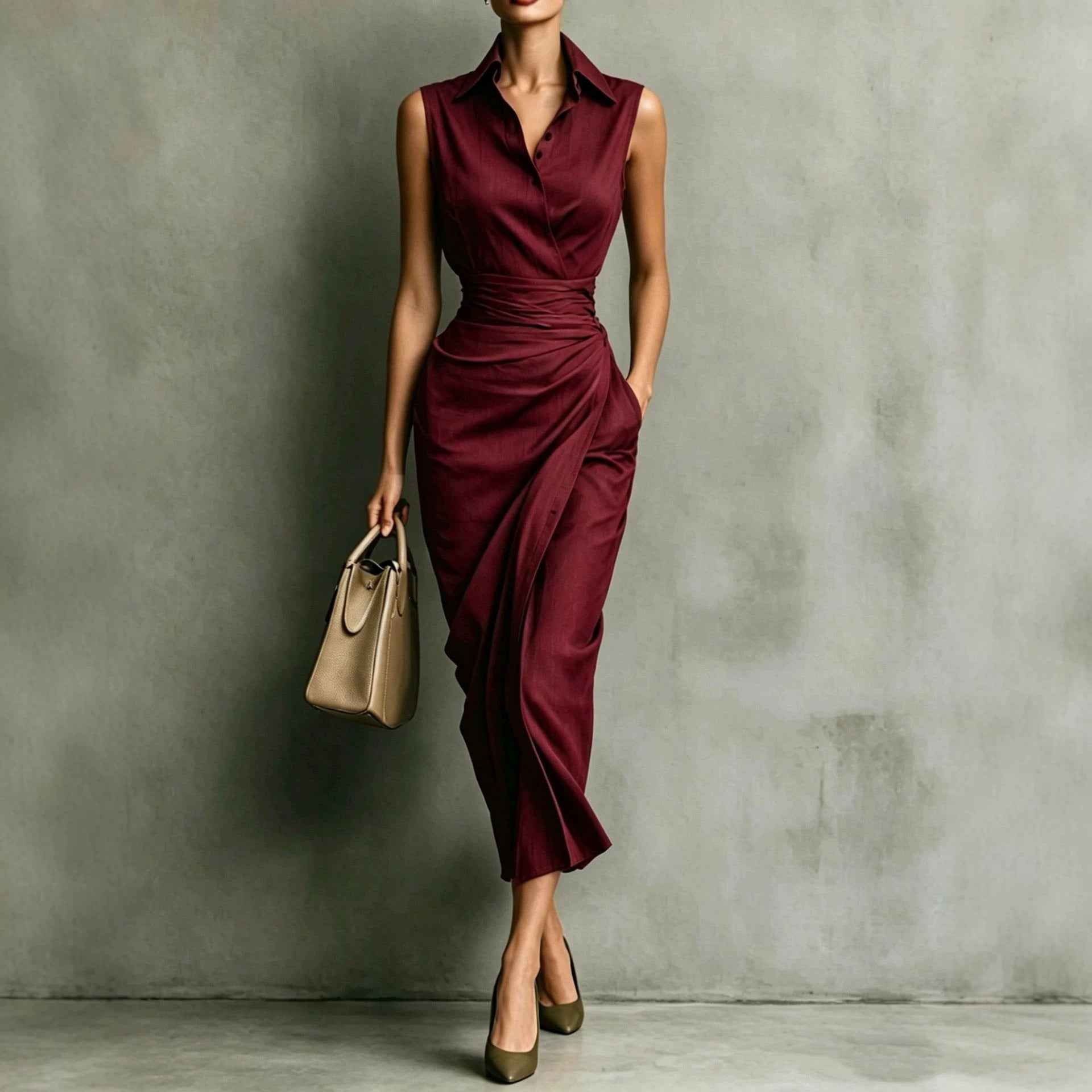 Asymmetrical Sleeveless Linen-Blend Midi Dress — High-Waist