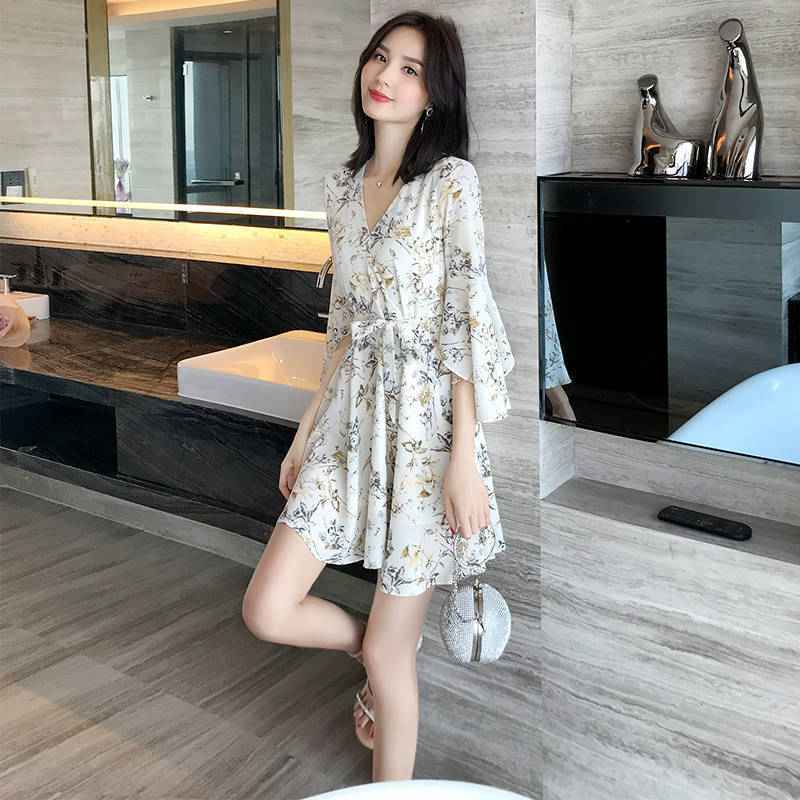 Floral Print V-Neck Ruffled Sleeve Mini Dress