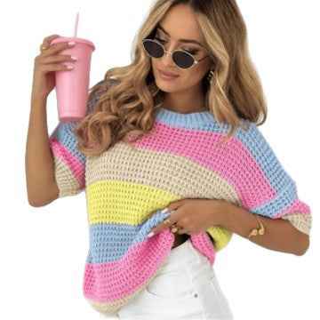 Womens Rainbow-Striped Knitted Short-Sleeve Top