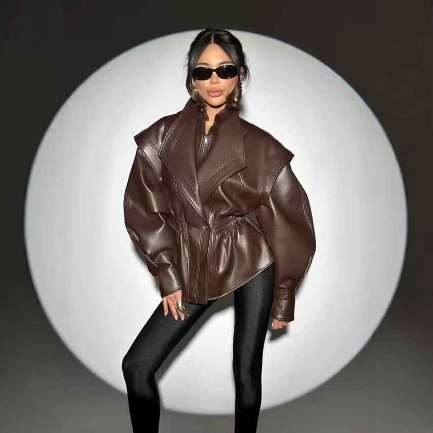 Faux Leather Biker Jacket with Turn-Down Collar