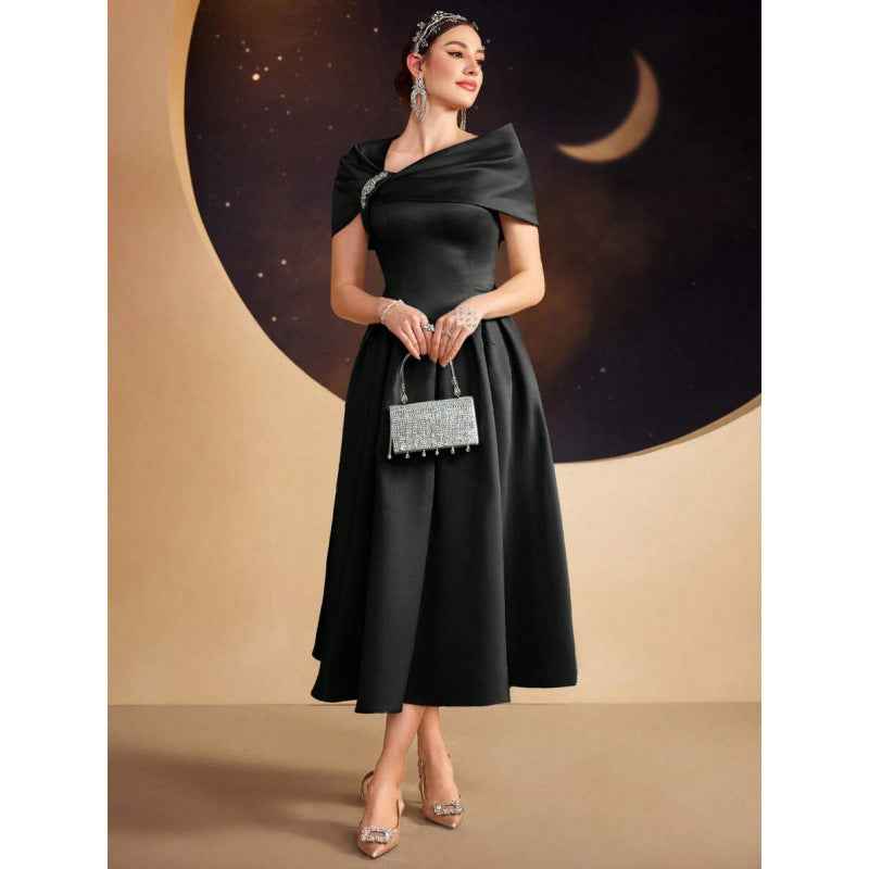 Asymmetric Diamond-Embellished Short-Sleeve Dress — Slim Fit, Elegant