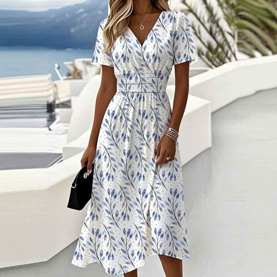 New Floral 3D Digital-print V-neck Short-sleeve Dress