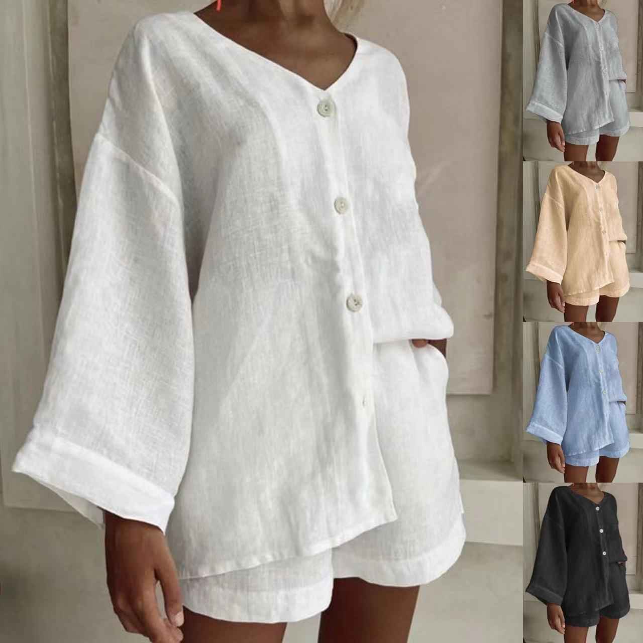 Cotton-Linen Long-Sleeve Shirt & Shorts Casual Two-Piece Set