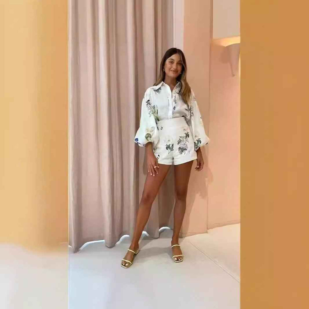 High-waisted Shorts Fashionable Blouse Linen Print Casual Chic Set
