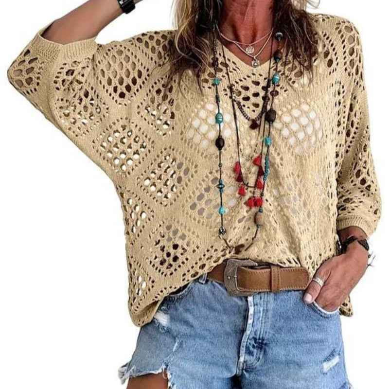 V-Neck Diamond Openwork Batwing Sleeve Sweater — 5 Colours