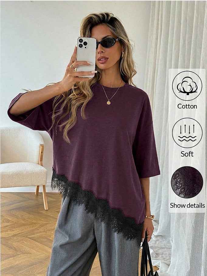 Lace-Trim Top — Slanted Hem, 3/4 Sleeve Minimalist Style
