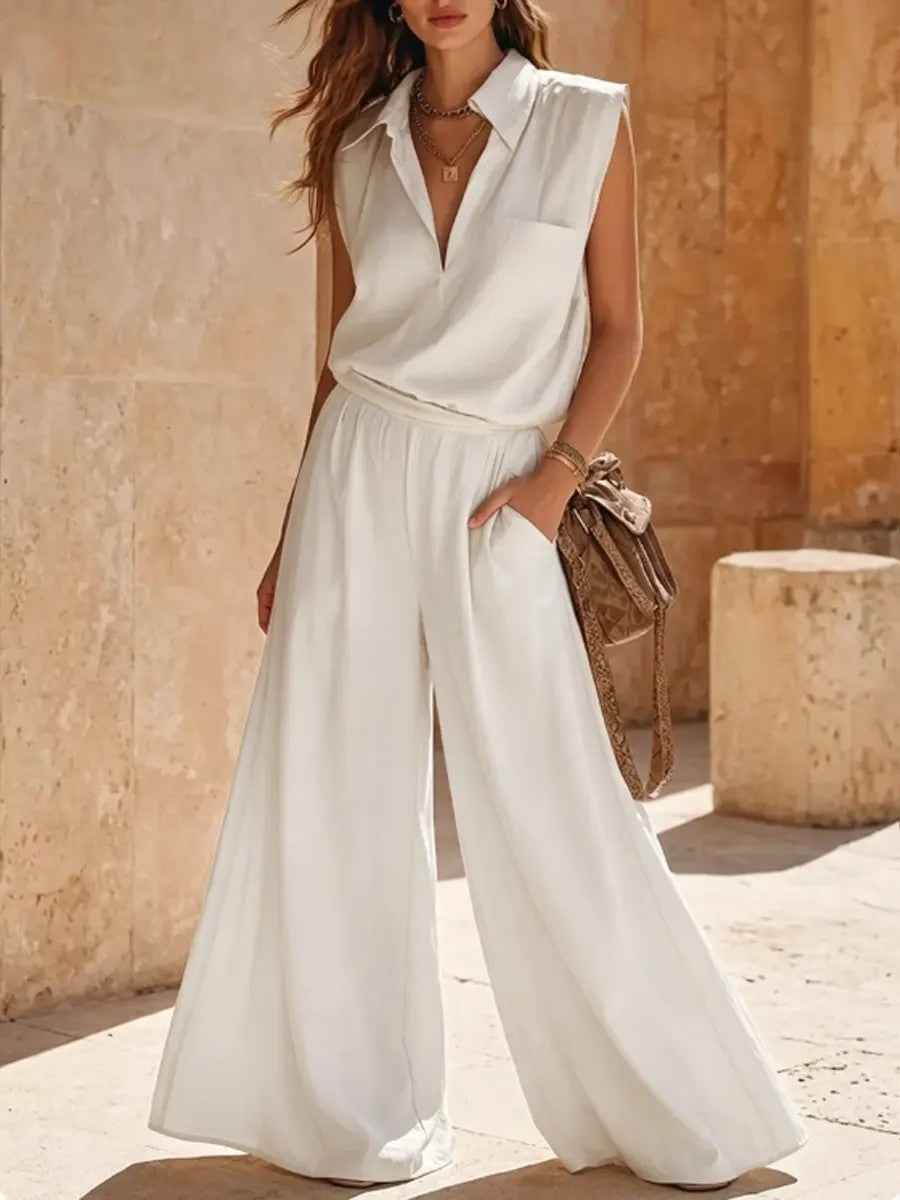 Womens Solid-Color V-Neck Sleeveless Shirt Casual Set