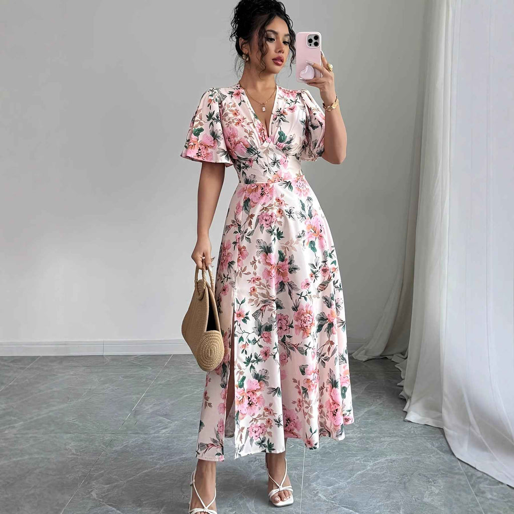 Waist-cinching Figure-flattering Short-sleeved Slit Dress