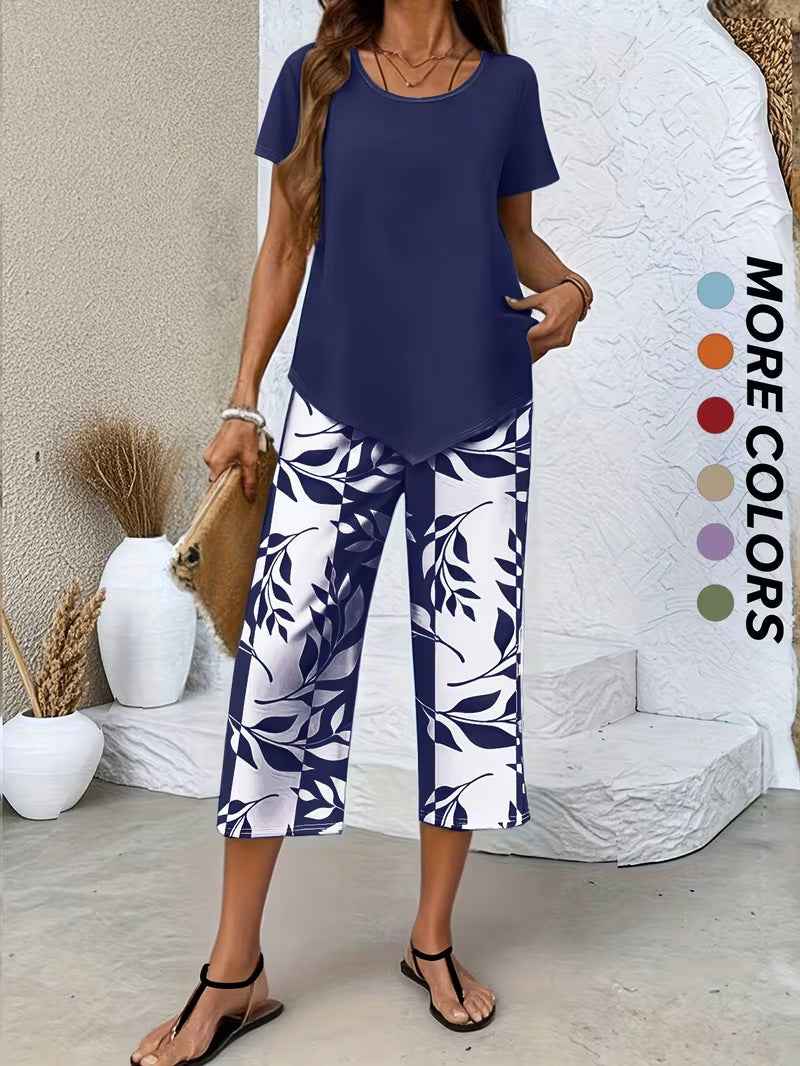 Women's Geometric Print Short Sleeve Top & Wide-Leg Trousers Set
