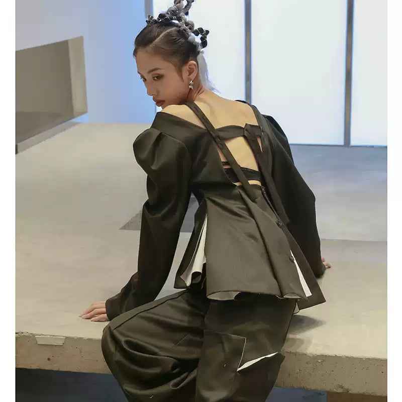 Women's Puff-Sleeve Backless Lace-Up Waist-Cinching Jacket — Dark Green, S–L