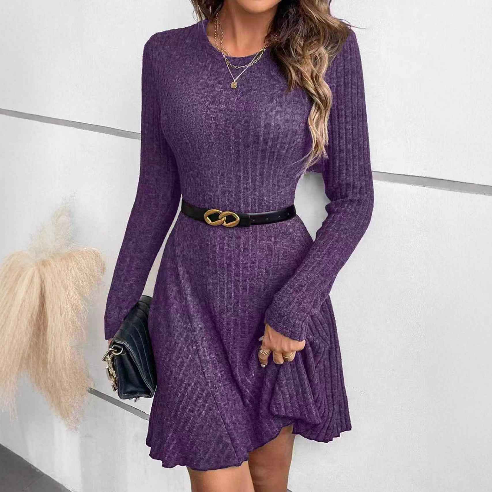 Womens Elegant Solid-color Rib-knit Crew-neck Long-sleeve Dress