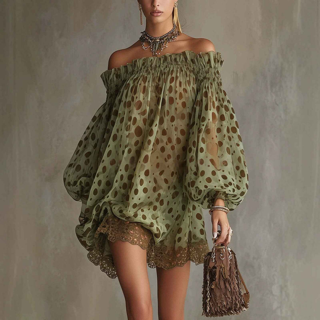 Women's Off-Shoulder Puff-Sleeve Mini Dress — Yellow Green, XS–2XL
