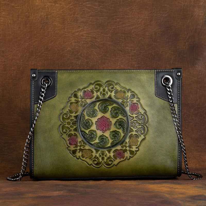 Full-Grain Leather Tote Bag — Embossed Cowhide, Large Capacity