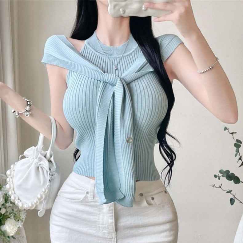 Women's Knit Vest & Shawl Two-Piece Set – Sleeveless Pullover Top