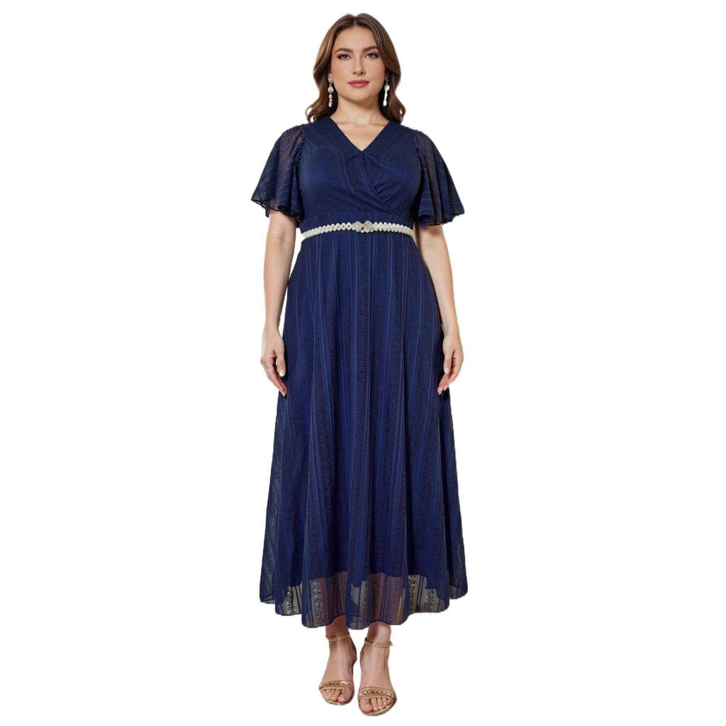 Lace Evening Gown with Belt & 3/4 Sleeves – Plus Size