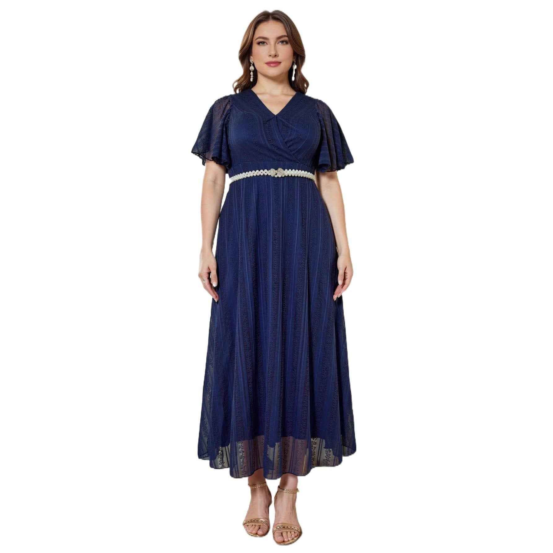 Lace Evening Gown with Belt & 3/4 Sleeves – Plus Size