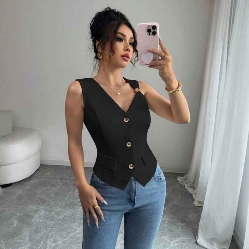 Sleeveless V-Neck Single-Breasted Work Vest — 3 Colours