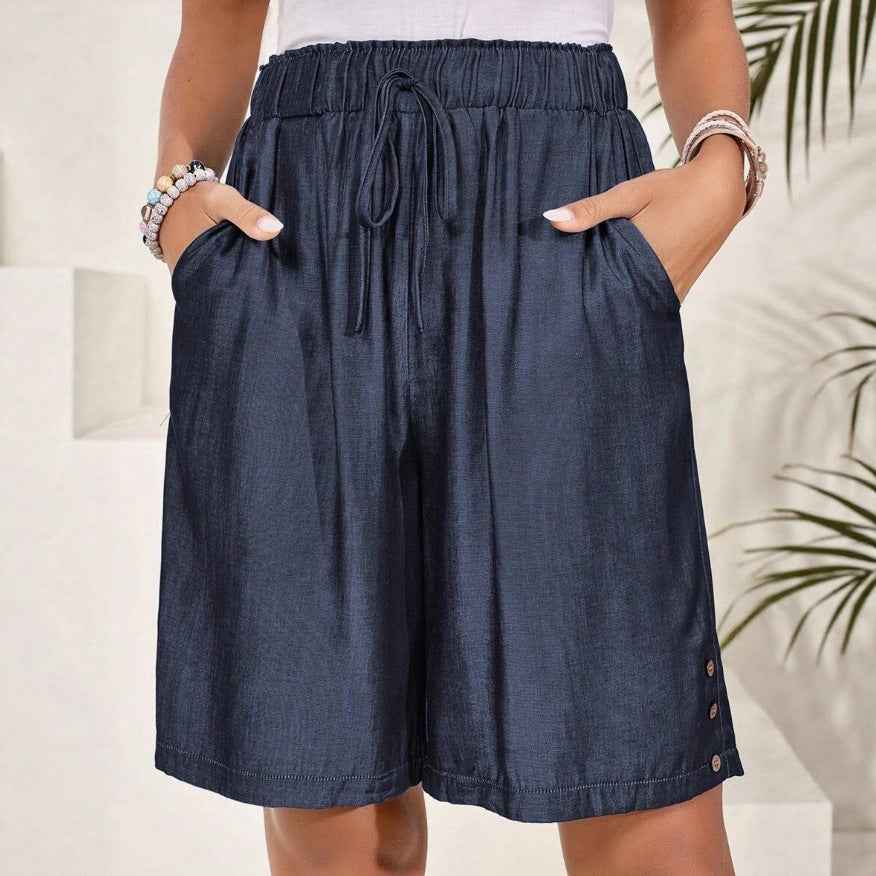 High-Waist Casual Shorts — Solid Color, Resort Style
