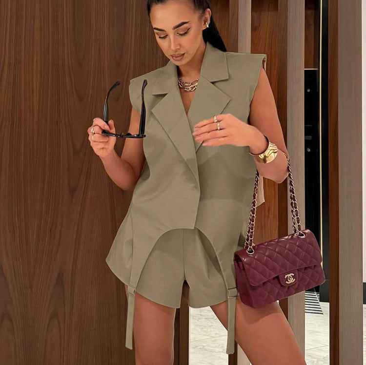 Khaki Oversized Sleeveless Blazer & Shorts Co-ord Set
