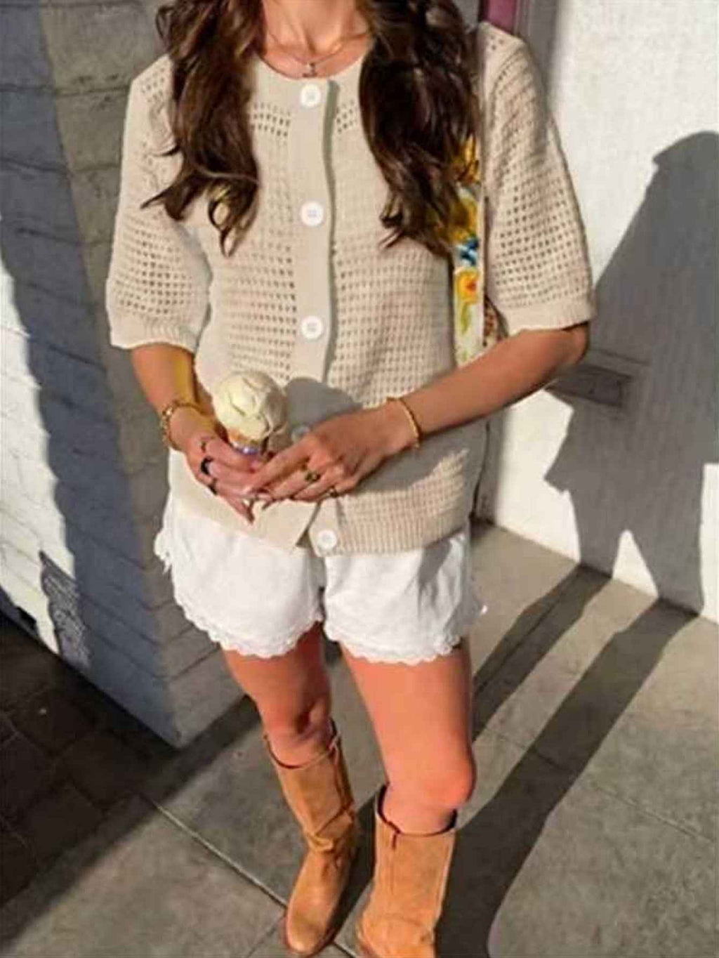 Hollow-Out Knit Open-Front Cardigan