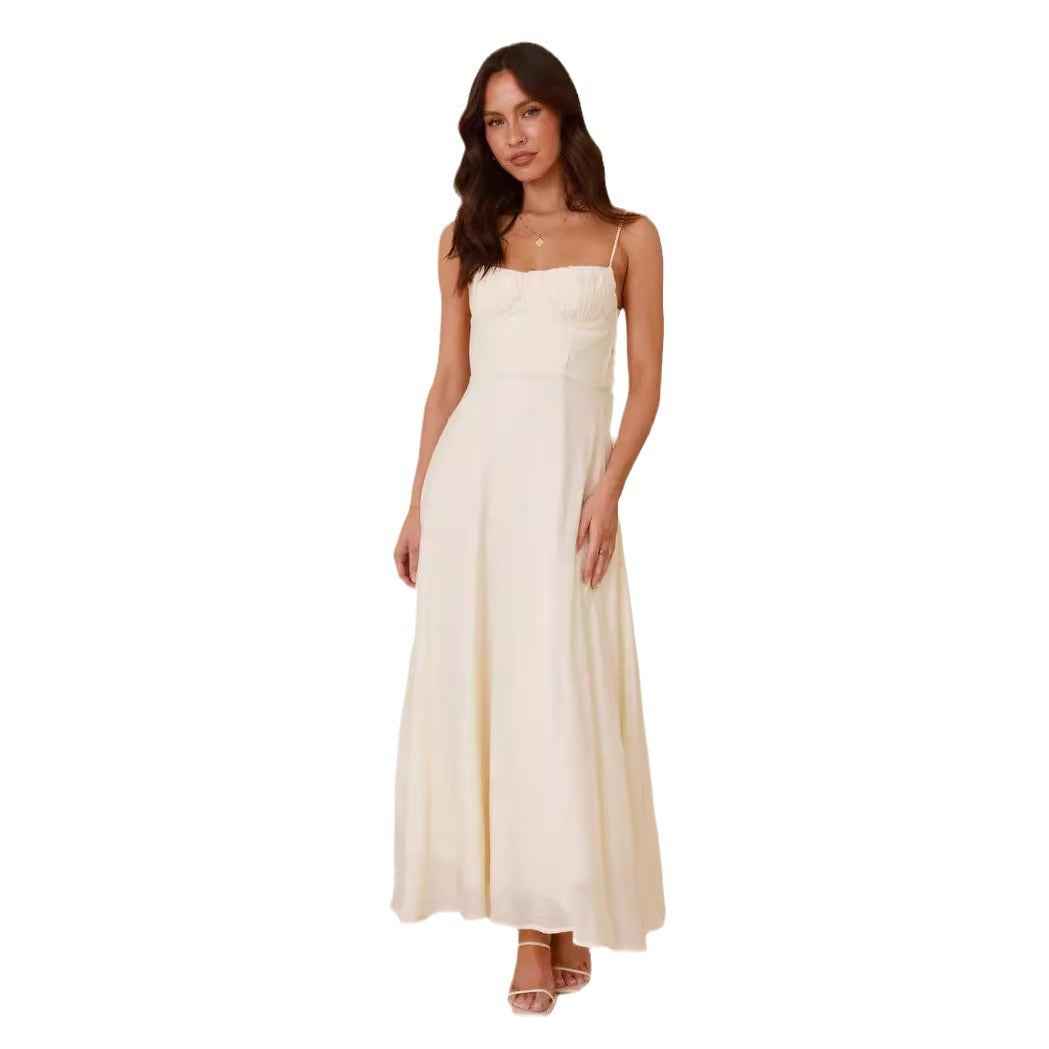 Strap-printed Backless Dress With A Slit At The Hem