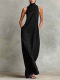 Linen Turtleneck Sleeveless Maxi Loose-fitting Minimalist Casual Style Long Dress