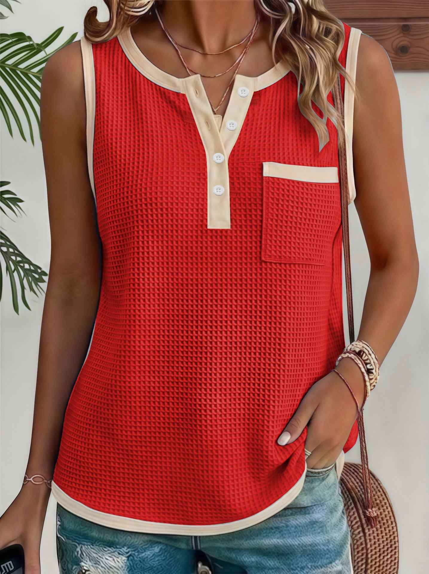 Fashionable Casual Solid-Color Waffle-Weave Patchwork Womens Vest