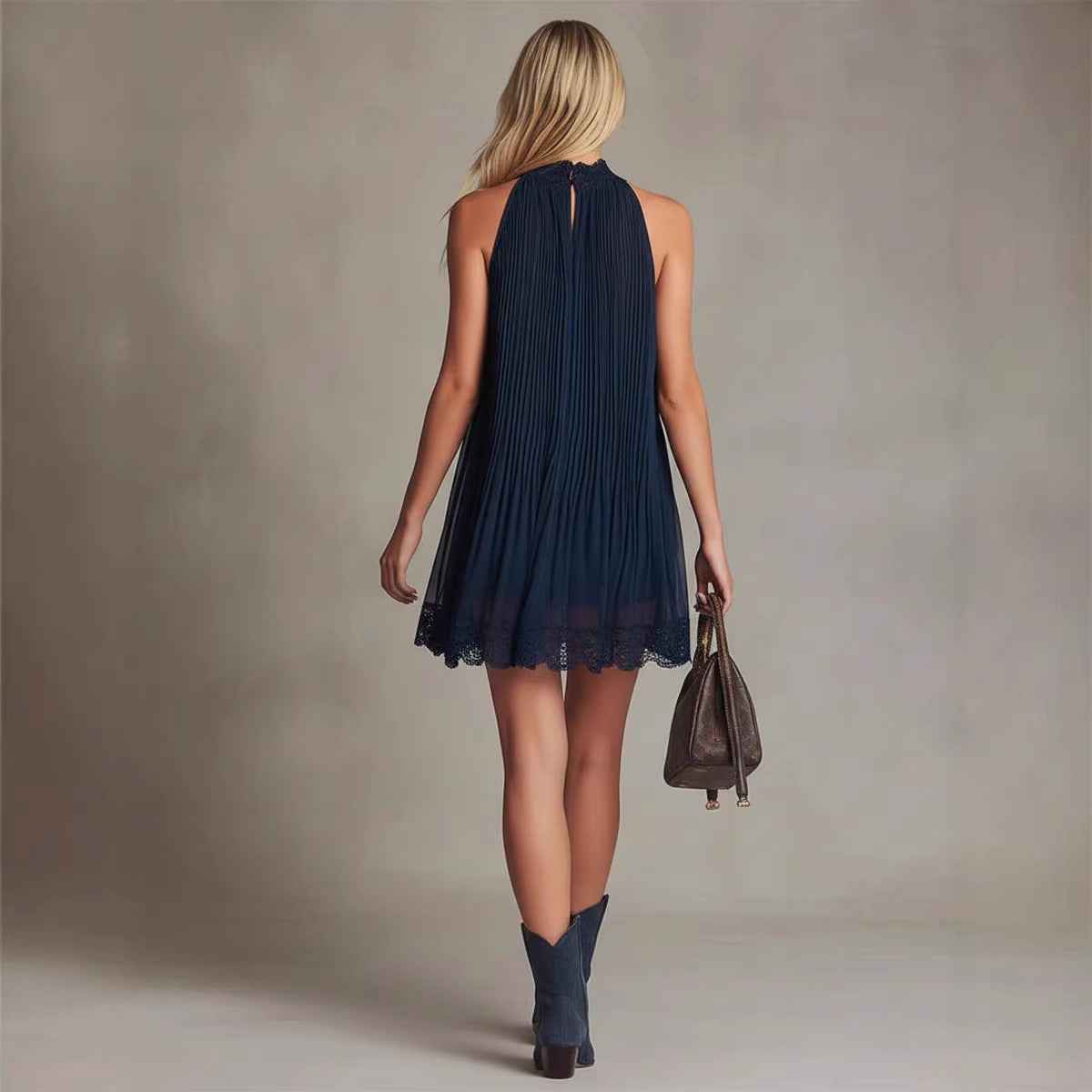 Womens Lace-trimmed Sleeveless Chiffon Mini Dress